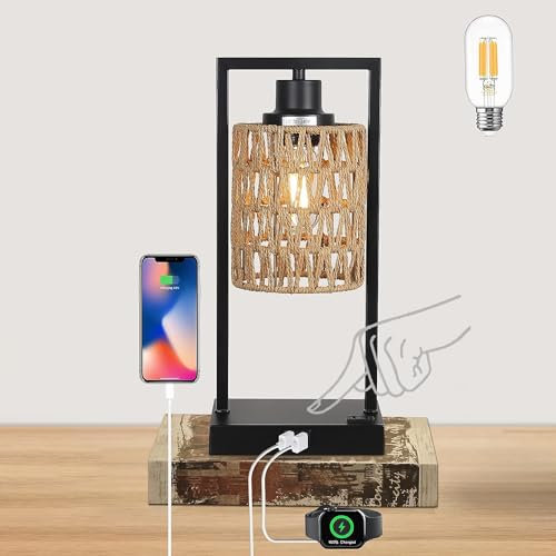 Tischlampe Rattan aus Bambus, Touch Dimmbar Tischleuchte mit E27 Fassung, 2 USB-Ladeanschlüssen, Modern LED Nachttischlampe, Ländlicher Nachtlicht Leselampe für Schalfzimmer Wohnzimmer Kinderzimmer