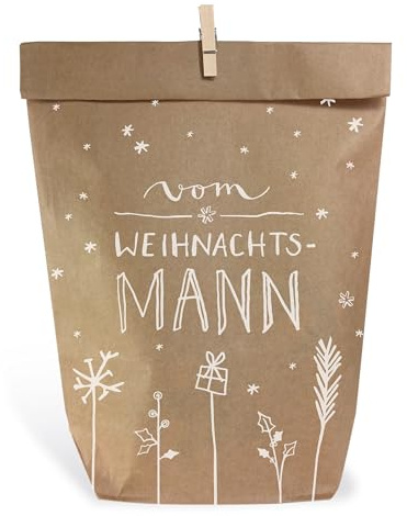 Eine der Guten Weihnachtstüten Geschenktüten Set - vom Weihnachtsmann, mit 24 gestempelten Kraftpapiertüten & Mini-Holzklämmerchen, Geschenkverpackung für Weihnachtsgeschenke, 16,5 x 26 cm