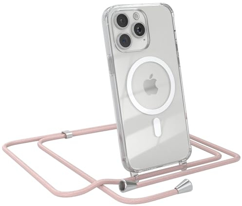 EAZY CASE - Handykette kompatibel mit iPhone 15 Pro Max Kette zum Umhängen Stoßfest Handyhülle für iPhone 15 Pro Max Silikon Hülle mit Band Handytasche Transparent als Fallschutz in Rosé-Gold