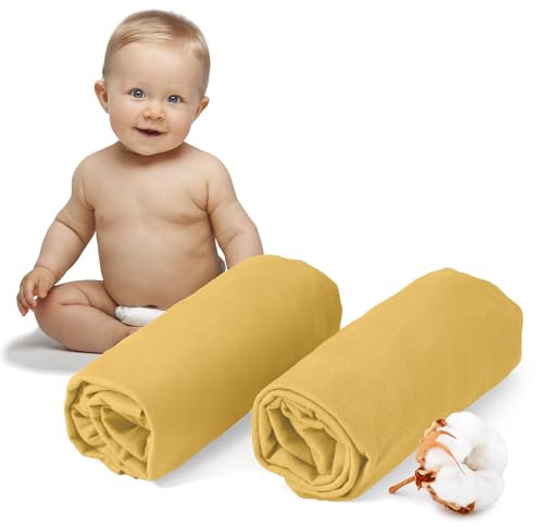 Dreamzie - 2er-Set Spannbettlaken 60x120-70x140 cm - Oeko-Tex Zertifiziert, 100% Baumwolle, atmungsaktives Spannbetttuch Jersey Baby, 150 g/m² - Gelb