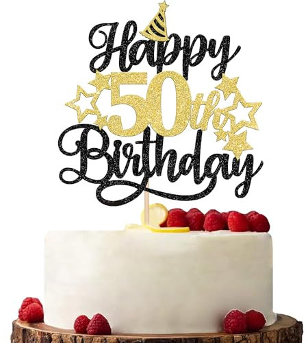 Xsstarmi 1 Pack Happy 50th Birthday Cake Topper Star Hat Glitter Cheers to 50 Years Birthday Cake Pick 50 Fabulous Cake Decorations for Happy 50th Birthday Anniversary Party Supplies Black Gold