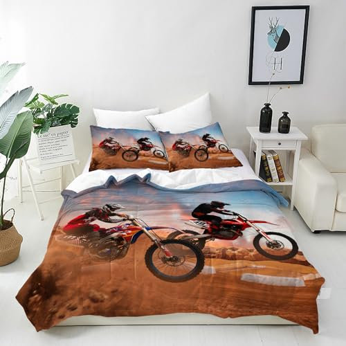 ANHOPE Motorrad Motocross Reiter Bettwäsche Set 3 Teilig Bettbezug 155x220 cm + 2 Kissenbezug 80x80 cm Weich Microfaser Bettbezüge Set mit Reißverschluss Bettdeckenbezug für Kinder Jungen Mädchen