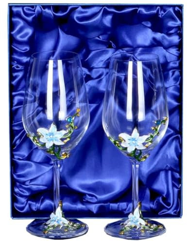 Emaille-Lilien-Rotweinglas, 470 ml/16 Unzen mundgeblasene Rotweingläser, langstieliger Kelch für Hochzeit, Geburtstag, bleifreies Kristallglas-Gläser-Set, bemalter Blumen-Weinbecher mit Geschenkbox