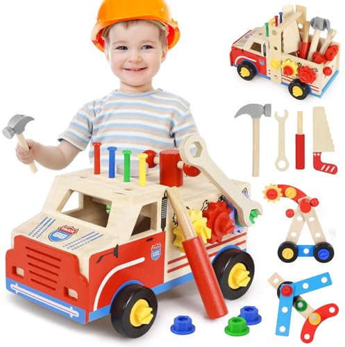 Ophy Wooden Toys Kids Tool Set - 45 Pcs Tool Box Role Play Educational Construction Toys with Wheels Montessori Toys for Kids Age 3+