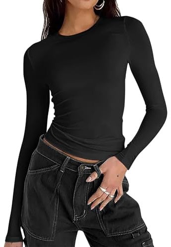 Zeagoo Women's Long Sleeve T-Shirt Y2k Crop Top Basic Slim Fit Tops Casual Solid Color Crew Neck Tee Streetwear Black M