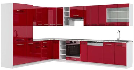 Vicco Eckküche Fame-Line, Bordeaux Hochglanz/Weiß, 257 x 60 cm, AP Marmor