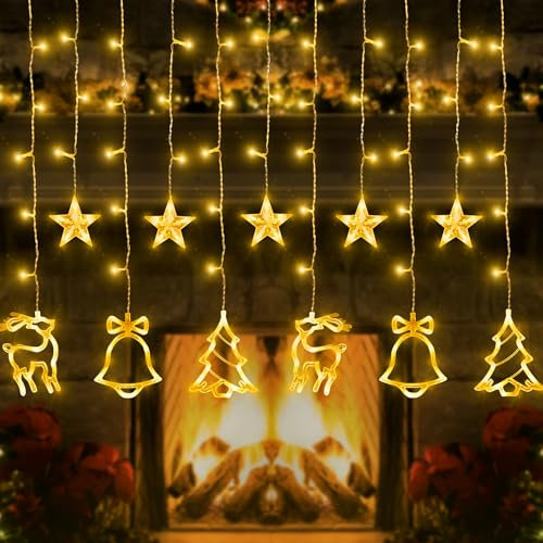 BellaAchtung Lichterketten Vorhang 2.3M 138 LED Lichtervorhang Innen Außen Lichterkette mit Timer Stecker Weihnachtsbeleuchtung Glocken Hirsche Fenster Dekoration Vorhanglichter