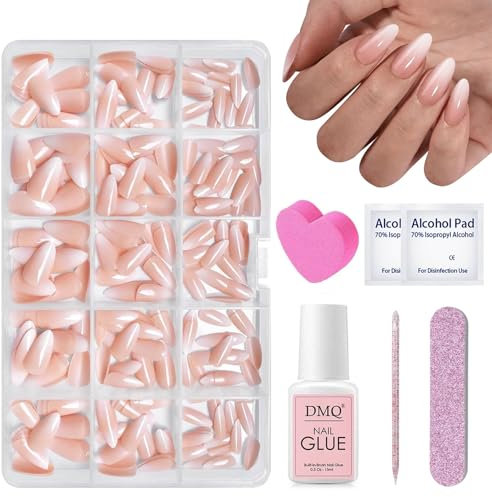 DMQ Ombre Press on Nails with Glue, 240Pcs Nude White Gradient False Nail Tips, Almond Fake Nails Short, 15 Sizes Soft Gel Stick on Nails, Soak Off Acrylic Nails for Nail Extensions DIY
