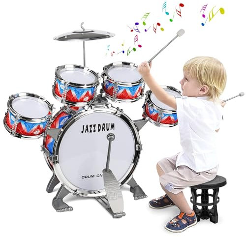 Verdantree Batteria per Bambini, Set Batteria Jazz Strumento Musicale 5 Tamburi per Principianti, Musicale Percussione Giocattolo Compleanno Natale Regalo Per Ragazzi E Ragazze (Blu)