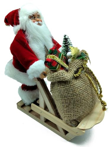 AC - Figura de Papa Noel en Trineo de Nieve - Fabricado en Poliéster y Madera - Artículo Decorativo para Navidad - 23 x 10 x 19 cm
