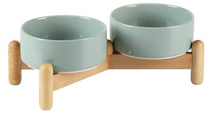 Havniva Ceramic 5.1inch Raised Double Bowls Set with Wooden Stand, Elevated Food & Water Bowls for Toy Breed Dogs, Cats, Kitty, Weighted Dog Dishes, Pet Bowls(13.5oz, Light Green)