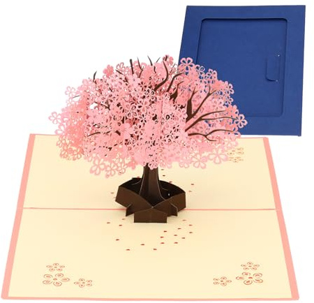 PATIKIL Grusskarten, Kirschbaum Dankeskarten Geburtstagskarte mit Umschlag und Blanko-Notizkarte 3D für Frauen Freunde Jubiläum Valentinstag, Pink