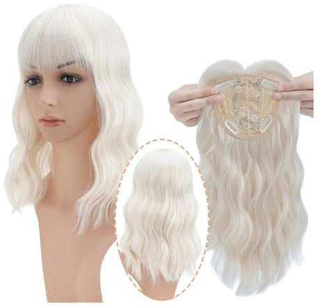 Hair Toppers für Frauen Synthetisches Topper-Haarteil, unsichtbar, nahtlos, gewellt, Perücke mit Pony, Clip über dem Kopf, unsichtbare Ersatzabdeckung, weißes Haar, 35,6 cm(White)