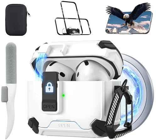Maxjoy für AirPods 4 Hülle mit Magnetverschluss, Weiß | Hülle für AirPods 4 (2024) mit Reinigungsset & Handyhalter, Karabiner, Aufbewahrungstasche, Magnetisches Laden, Sturzschutz