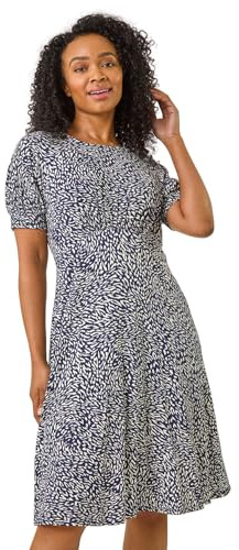 Roman Originals Women Gathered Chest Dress Ladies Stretchy Fit & Flare Swing Tea A Line Skater Waist Ruched Knee Length Midi Smart Casual Work Going Out Party - Petite Navy Floral - Size 14