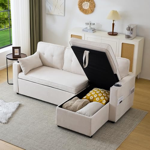 KecDuey L-förmiges Sofa,Schlafsofa mit Schlaffunktion,3-Sitzer-Sofa modernes Design, Polstermöbel, Loungesessel mit Stauraum, Getränkehalter, Links und rechts austauschbar