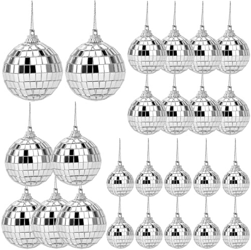 QWORK® 25 Stück Discokugeln Set, 4 Größen 2cm/3cm/4cm/5cm Silber Discospiegelkugel, für Partys & Dekorationen