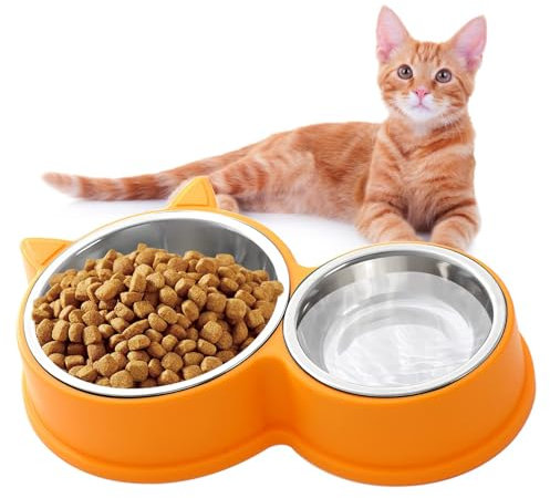 HTRTRR Set Ciotole per Gatti e Gattini in Acciaio Inox, Lavabile in Lavastoviglie, Ideale per Cibo Secco e Umido, Design a Forma di Gatto, disponibile in Colori Assortiti (giallo)