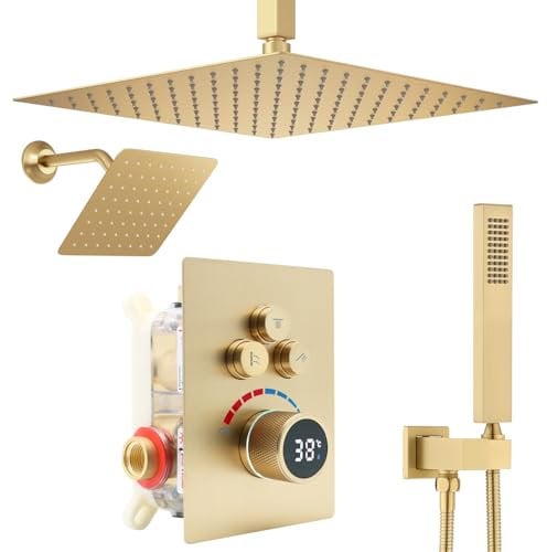 Delnet Dual Shower Heads Digital Display Rain Shower Mixer Set-12 Ceiling Mounted& 6 Wall Mounted, Brass Concealed Shower System, Brushed Gold