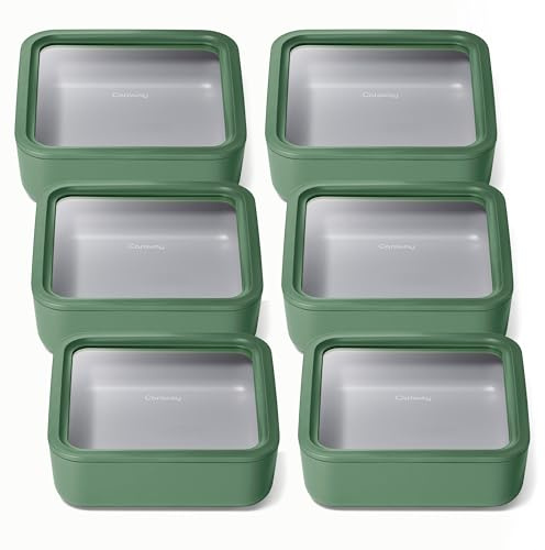 Caraway 6pc Glass Food Storage Set – 10 Cup Food Containers (6) - Ceramic Coated - Non Toxic, Non Stick with Lids - Microwave Safe - Sage