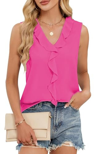 ROFUSSO Débardeurs pour Femmes Chemisiers sans Manches à Col en V Débardeur D'été Elégant Chemise d'affaires Tendance(Rose,XL)