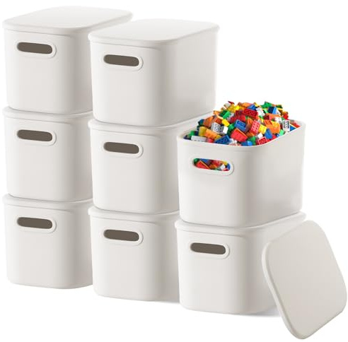 8 Pack Plastic White Storage Box with Lids, 7L Stackable Organizing Bins | Small Lidded Storage Containers Baskets Bulk for Shelves Drawers Desktop Classroom Office Decor, 26 x 18 x 16 cm