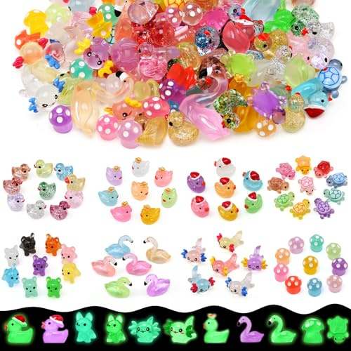 JoyPlus 100PCS Mini Luminous Resin Animals, Tiny Resin Glow In The Dark Animals Miniature Little Small Animal Figures for Micro Fairy Garden Landscape Accessories Dollhouse Hide Crafts Aquarium Decor