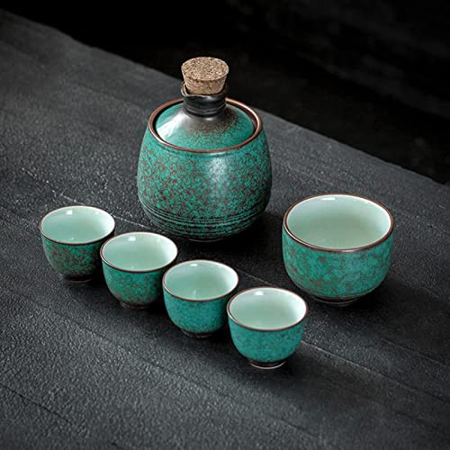 XDAWQP Sake-Set aus Keramik mit Stövchen, Weinset im japanischen Stil in Grün und Antik-Optik, Servierkaraffe und Wärmeschale, 4 Sake-Becher, 6-TLG./7-TLG.