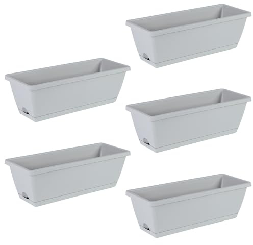 5 Pcs Rectangle Plant Pots, Outdoor Plastic Trough Planter with Drainage Holes & Removable Tray for Succulent & Herbs, Vegetable Flower Plant Pots for Indoor Home Outdoor Garden (Light Grey)