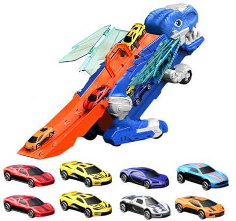 Ceprznvey Dinosaur LKW Spielzeug - Klappbarer Transport LKW | Tragbare Rennbahn Spielzeug Mit 8 Autos Für Kinder Ab 3 Jahren Zuhause Unterwegs Geschenk