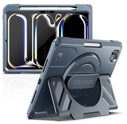 Dexnor Case für iPad Pro 11 Zoll Case 2024 (M4) mit Displayschutz und Stifthalter [360° drehbarer Handschlaufe & Kickstand], Shockproof Full Body Rugged Cover für iPad Pro 11, Blau