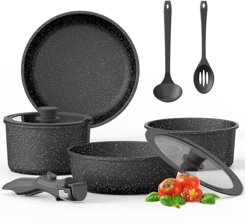Pots and Pans Set with Detachable Handle, 9PCS Non Stick Induction Cookware Set, Granite Coating PFAS PFOA Free, Space Saving Stackable for Organized Kitchen & RV - Dark