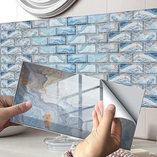 Duck Egg Blue Marble Peel and Stick Wallpaper Self Adhesive Wall Tiles DIY on 12 Pcs(24 Pcs(10x20cm))