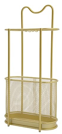 Porte-parapluie autoportant en métal - Seau de rangement avec 4 crochets - Pour couloir, bureau, entrée - 30 x 15 x 60 cm - Doré