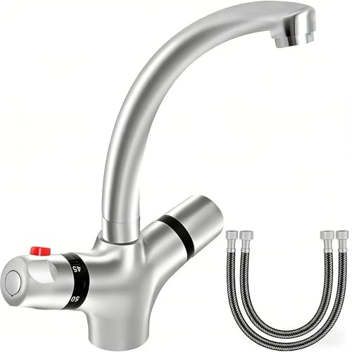 awolsrgiop Thermostat Waschtischarmatur 20-50°C mit 2 Griffen, Hochpräzise Temperaturregelung und Verbrühschutz, 360° Drehbarer Auslauf aus Messing für Badezimmer, 230mm Höhe