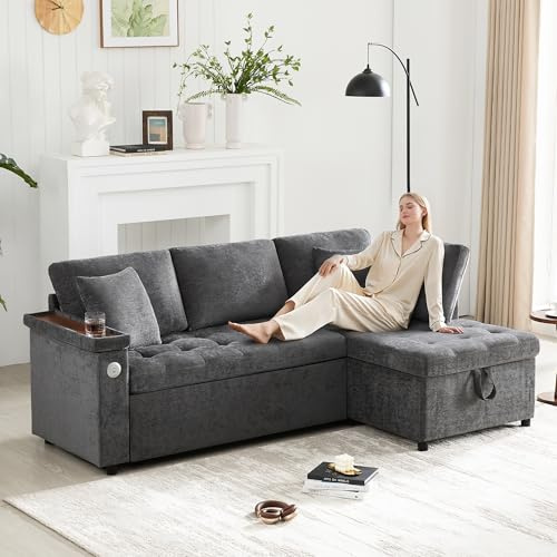 TIZZ Modernes L-Sofa mit Schlaffunktion B/H/T, ausziehbares Schlafsofa, Stauraum, USB-Ladegerät, Armlehnenablage und 2 Kissen, geeignet für Wohnzimmer etc, Gray.