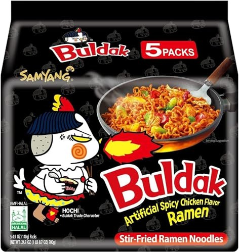 Samyang Buldak Hot Chicken Ramen Noodles Pack of 5 – Korean Spicy Chicken Ramen, Extra Hot Instant Noodles Multipack, Authentic Buldak Noodles, Chewy Ramen Noodles