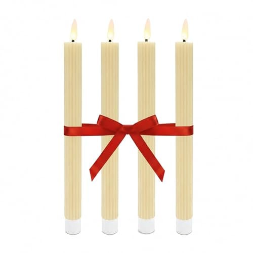 Relaxdays LED Stabkerzen, 4er Set, HxD: 25 x 2 cm, flackernde Flamme, beige | Echtwachs, Rillen, flammenlose Kerzen