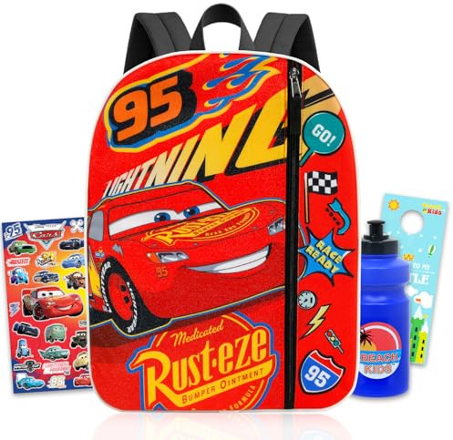 Disney Cars Backpack for Boys - Bundle with 16 Lightning McQueen School Bag Plus Water Bottle, Stickers, More | Disney Cars Bookbag for Kids