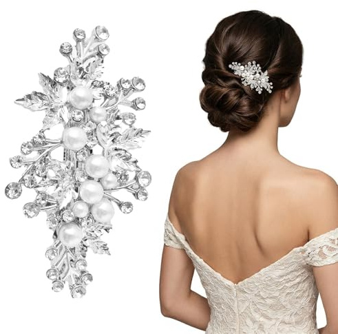 Fermaglio Capelli Donna Elegante con Perle e Strass, Accessori Capelli Sposa Argento per Matrimonio e Cerimonia, Molletta Capelli Brillante per Acconciature Eleganti, 7x3.6cm, 1 Pezzo