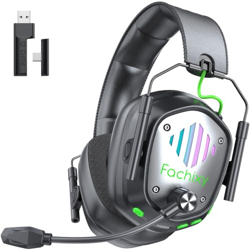 Fachixy Gaming Headset Wireless für PS4, PS5, PC, Mac, Laptop, Switch, 48H 2.4GHz Gaming Headset mit Noise Cancelling Mikrofon, Kabelloses Bluetooth kopfhörer mit LED-Lichtern, Surround Sound
