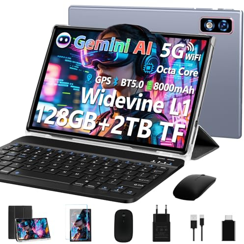 DEERTiME 2026 Tablet 10 Pulgadas Android AI, Octa-Core 2.0GHz, 22GB(6GB+16GB)+128GB/TF 1TB, 8000mAh Batería, Widevine L1, GPS, 5G WiFi, Bluetooth5.0, Tablet con Funda, Teclado y Ratón - Gris
