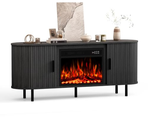Quiniver 65 Curved Fluted TV Stand With Electric Fireplace Black | 750W&1500W heating, remote flame control, 8H timer, sliding door storage, water resistant wood, anti-tip kit, UKCA CE