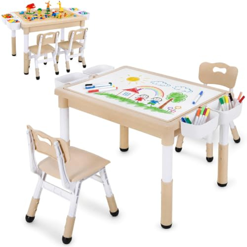 Clevich Kindertisch mit 2 Stühlen, Kinder Tisch Stauraum, Maltisch,Gelb | Höhenverstellbarer Kinder Maltisch mit Wendeplatte für Graffiti & Bausteine sowie 4 Boxen für Zuhause & Vorschule