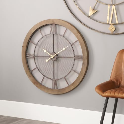 Pacific Lifestyle Large Industrial Skeleton Wall Clock | Contemporary Metal and Wood Oversized Wall Clocks For Living Room Clock | Extra Big Roman Numeral Kitchen Clocks (Grey Metal and Wood)