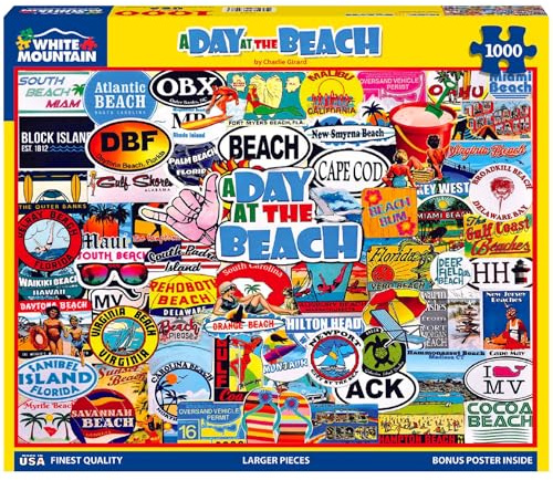 White Mountain Puzzles A Day at The Beach - 1000 Piece Jigsaw Puzzle | Large Pieces, Gift for Adults and Family, 24x30 in, Location Collage