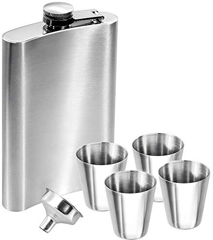 Anpro Flasque Alcool 10 oz / 285 ml Hip Flask Flasque de Whisky Argent De Grande Contenance Avec Bouchon 4pcs Tasses et 1pcs Entonnoir En Acier Inoxydable Pour Voyage,Pêche,Camping et Escalade
