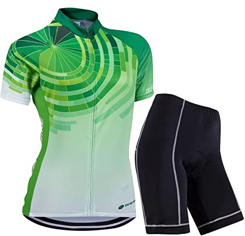 ZEROBIKE Women's Short Sleeve Breathable Cycling Jersey Set, Quick-Dry Biking Shirt with 3D Cushion Shorts Padded Pants (Green Lemon, S)