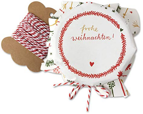 25 Marmeladendeckchen - Frohe Weihnachten - Gläserdeckchen Weiß Bunt für Marmelade, Marmeladengläser & Einmachgläser, Recyclingpapier Abreißblock + 10 m Garn + Justiergummi, Blumen & Tannenzweige