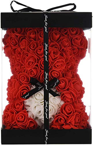 KWT Valentine's Gift,Birthday Gifts, Rose Flower Bear-Hand Made Rose Teddy Bear Hug Hear,Gifts for mom, Gifts for Girls,Unique Giftst For Lover, 10 Inches Clear Gift Box Included (Red)